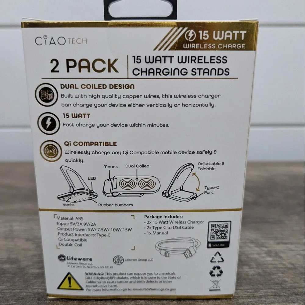 Ciao Tech 2‎ Pack 15 Watt Wireless Charging Stands Qi Compatible Slim Design